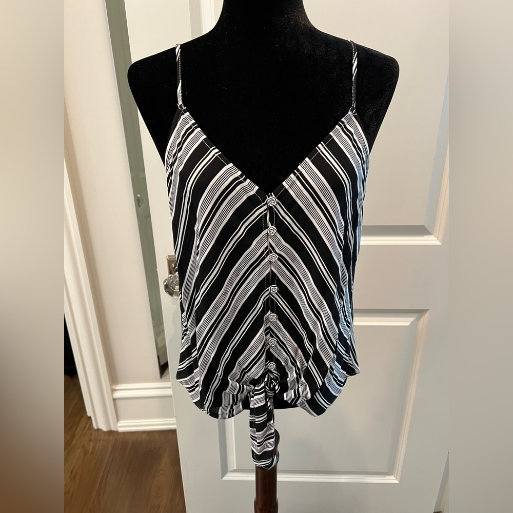 Black and white striped shirt with tie at waist